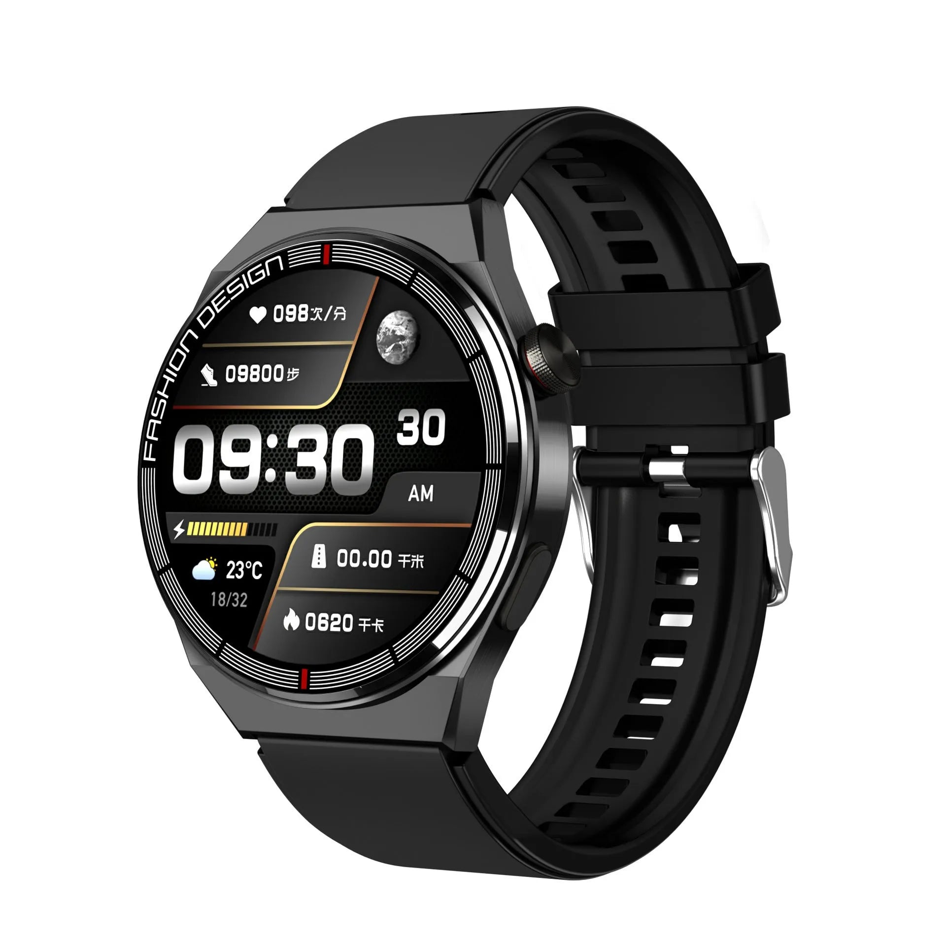 Black smartwatch with a 1.28-inch screen on a silicone strap, showing a heart rate monitoring display.