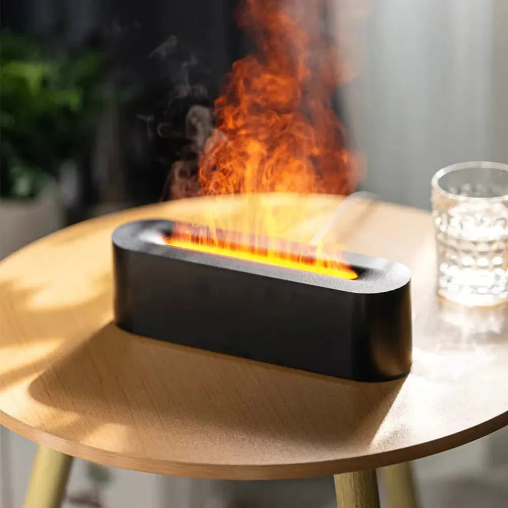 Square creative lava flame atmosphere humidifier and aroma diffuser with colourful LED lights on a desktop.