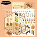 Capabala cut-free PET cartoon stickers showing eight different scene designs including a pink restaurant and a blue fruit shop