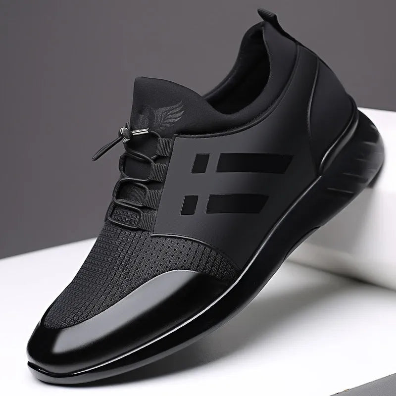 Black men's casual height increasing shoes with a chunky heel and round toe, shown in leather, mesh, and Lycra material options.