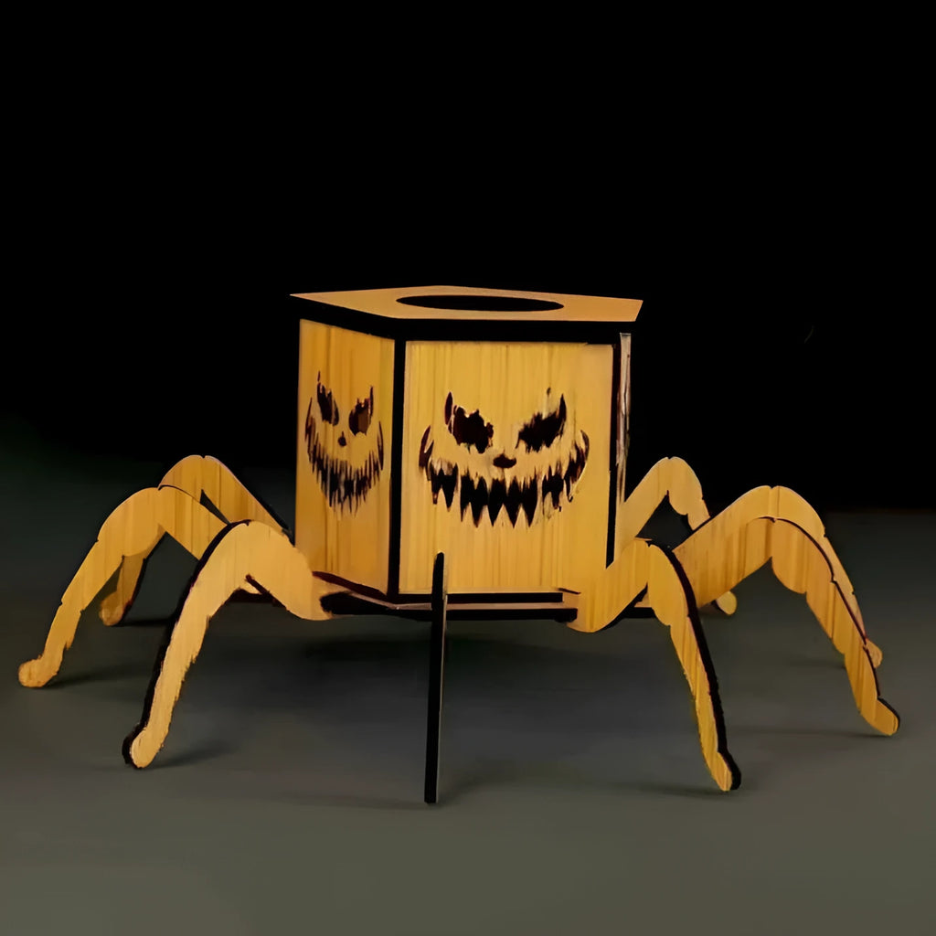 Wooden spider mini lantern Halloween candlestick decoration measuring 21cm by 8.5cm