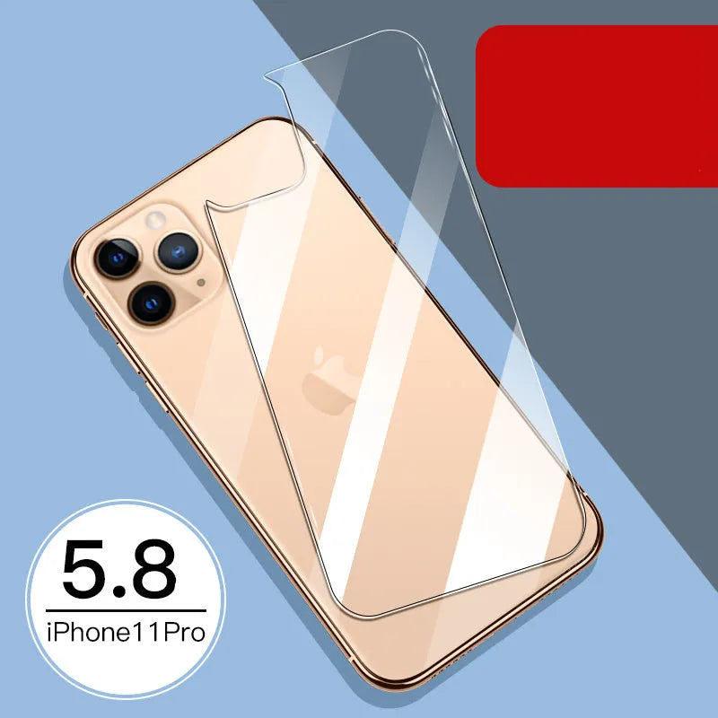 Apple iPhone tempered glass screen protector film for front and rear protection.