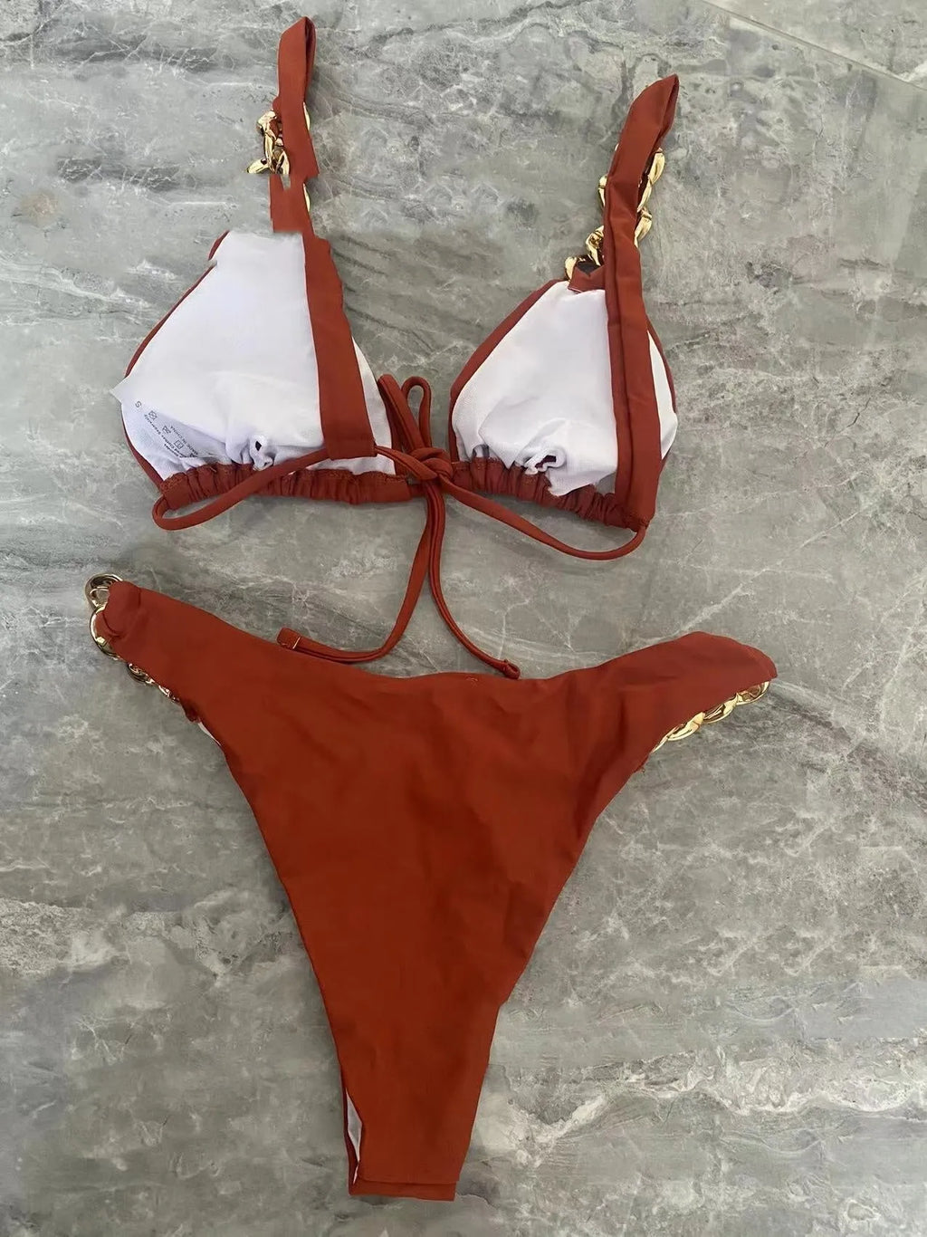 Coffee brown women's tube-top swimsuit with a split-ring tether and push-up design.