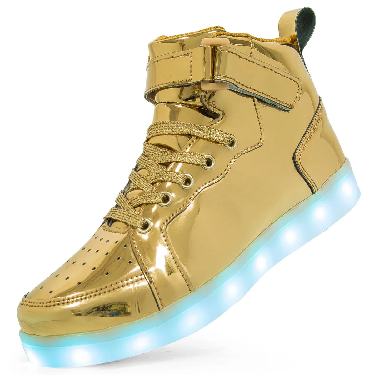 LED light-up high-top board shoes in black, gold, or white with Velcro straps and rubber sole.