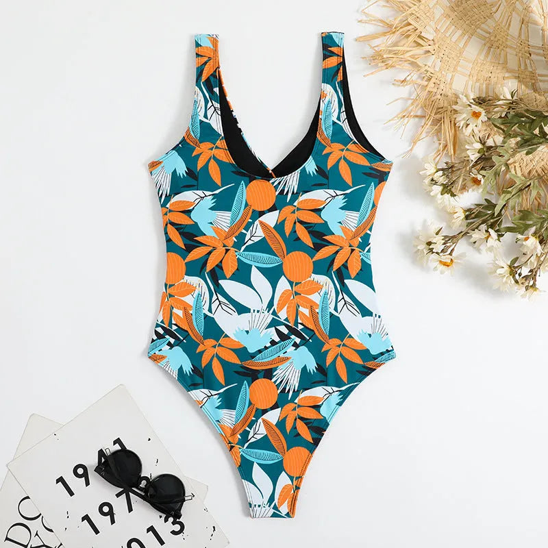 Women's high waist one-piece bikini in a printed pattern, made from quick-dry fabric.