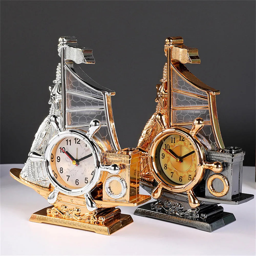 Gold or silver bedroom alarm clock with plastic construction on bedside table