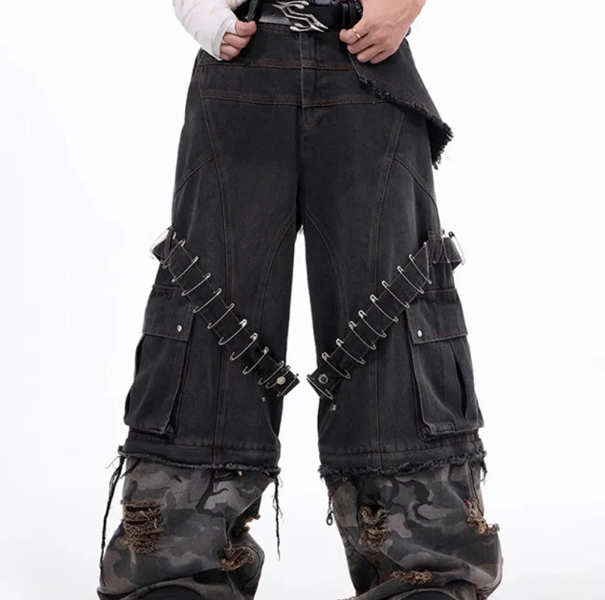 Men's grey camouflage jeans with splicing panels and ribbon detail on cotton denim.
