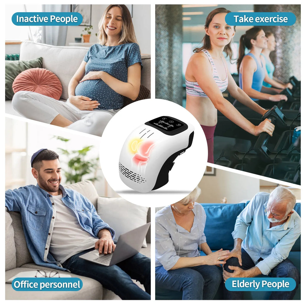 White rechargeable electric knee massager with kneading, heating and infrared laser functions