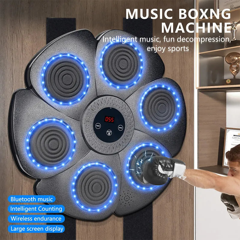 Black smart boxing machine wall target with LED lights and half finger boxing gloves for indoor training