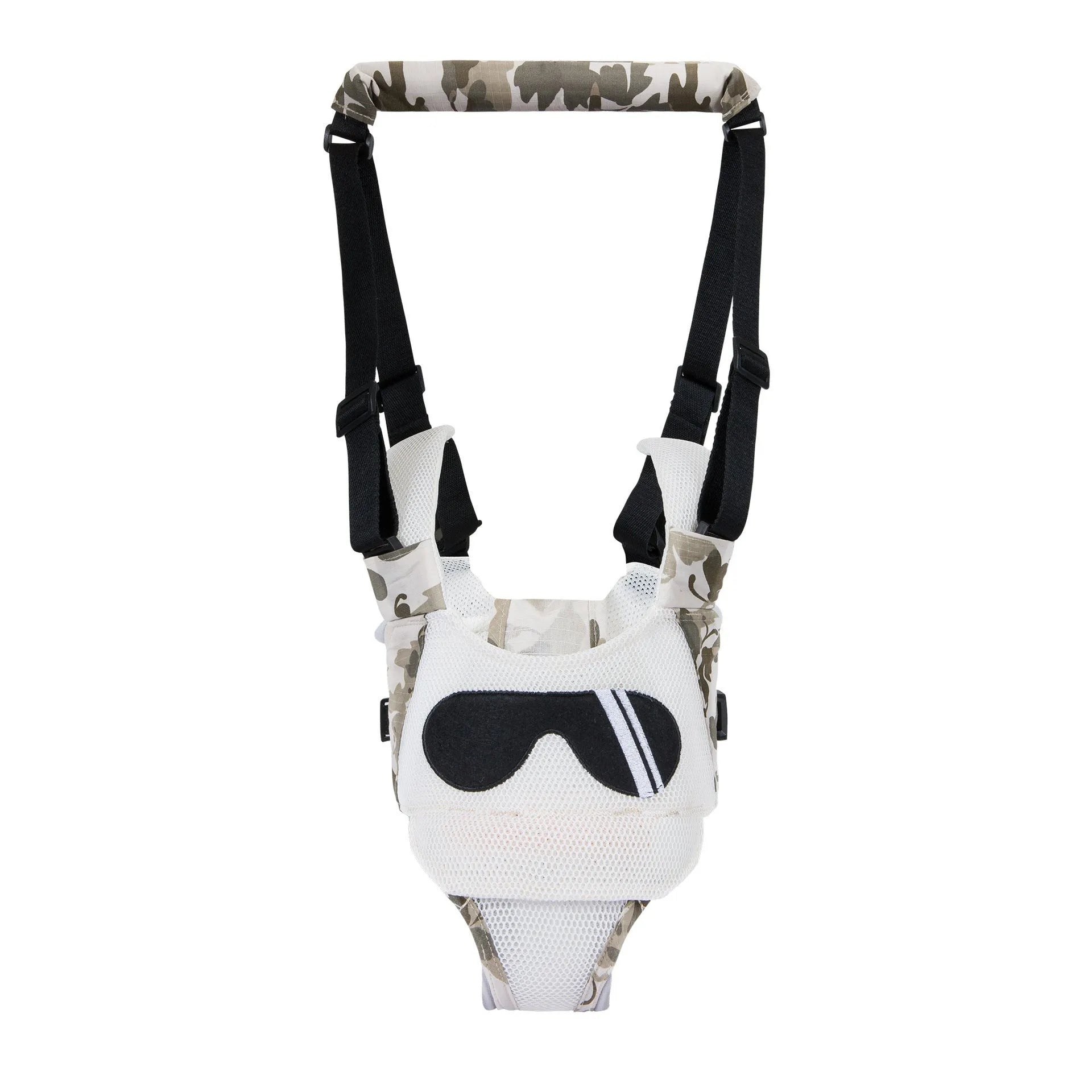 Blue cotton baby walking harness belt with straps, shown being used to support a toddler learning to walk.