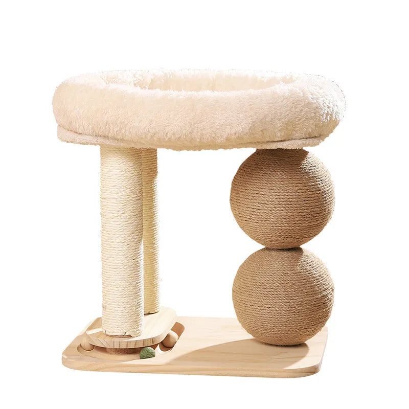 Pine wood cat nesting box with dual columns and chamfered ball design