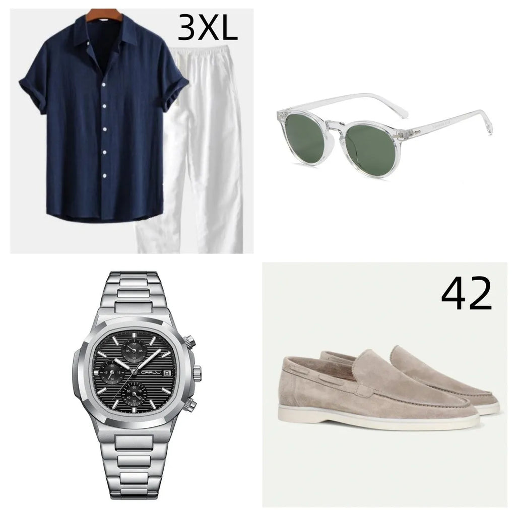 Casual cotton linen beachwear short sleeve suit in navy blue with half sleeves and full-length trousers