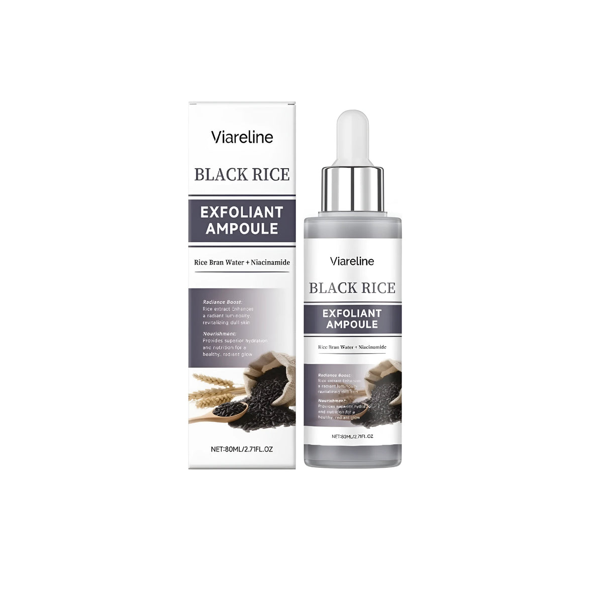 Black Rice Exfoliating Liquid bottle, 80ml facial treatment essence with salicylic acid and hyaluronic acid