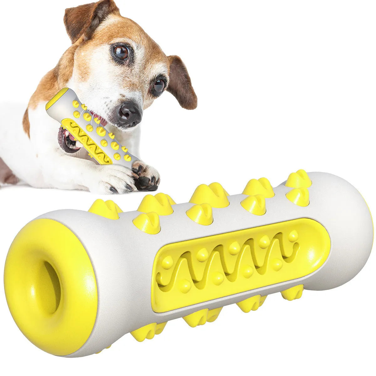 Natural rubber dog toothbrush chew toy in blue colour showing textured dental cleaning surface