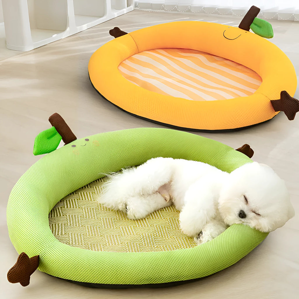 Green fruit-shaped backrest pet cooling mat nest for dogs and cats on a wooden floor.