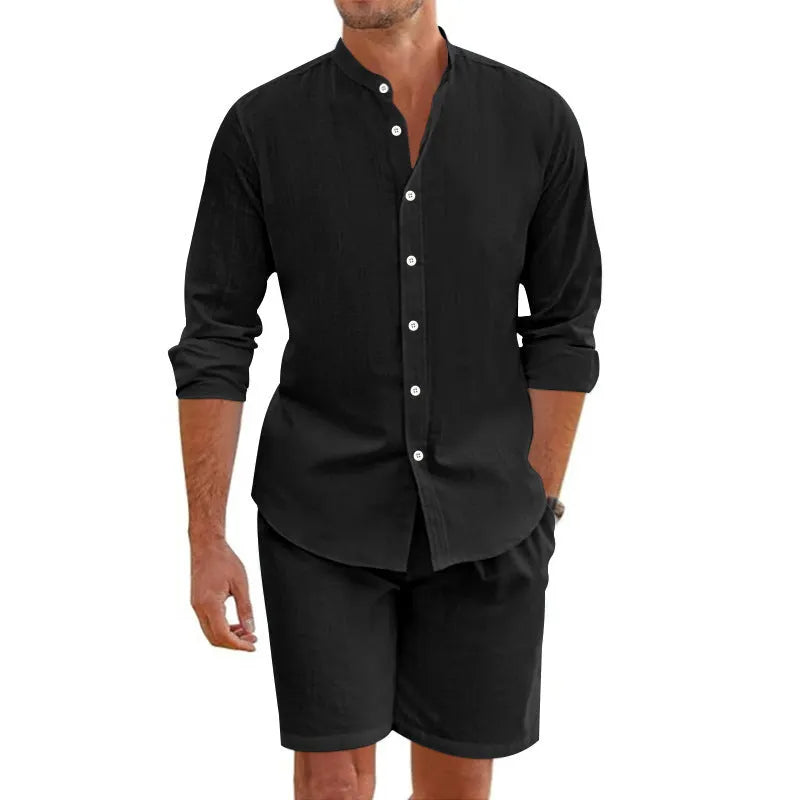 Men's linen-blend button-down shirt and drawstring shorts set in light blue colour