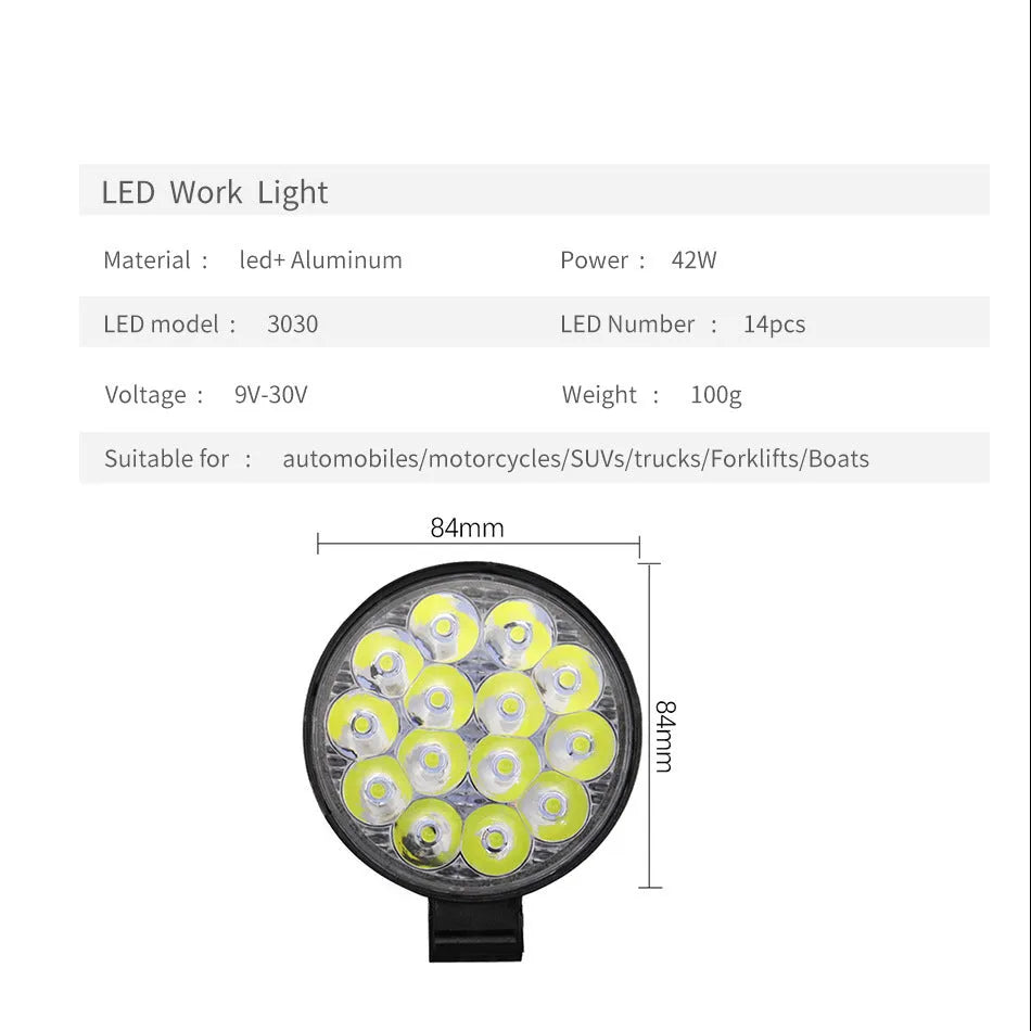 White mini round 42W LED work light with aluminium housing for vehicle mounting.