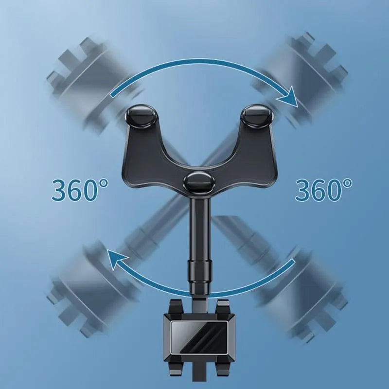 Black rearview mirror car phone holder showing 360-degree rotation and telescopic arm extension.