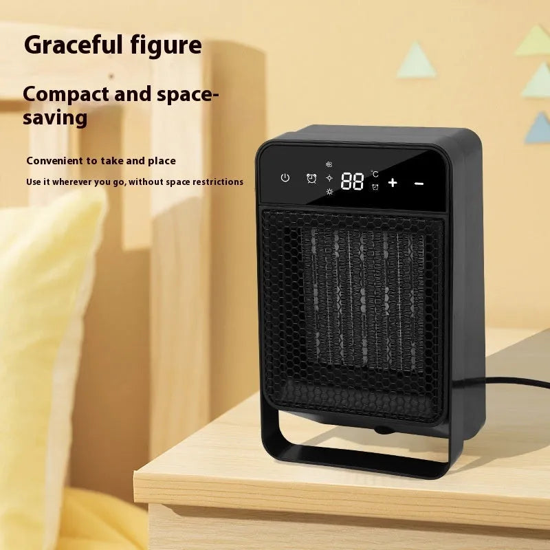 Black desktop warm air blower with touch screen display and remote control on wooden table