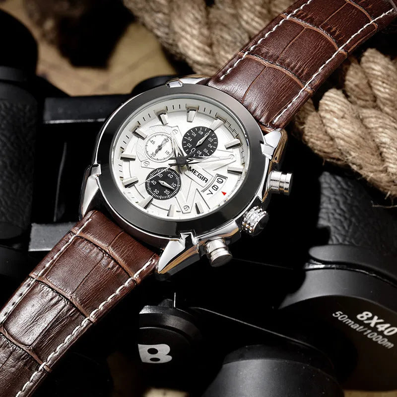 Men's analogue chronograph watch with three sub-dials and luminous markers on black or brown face
