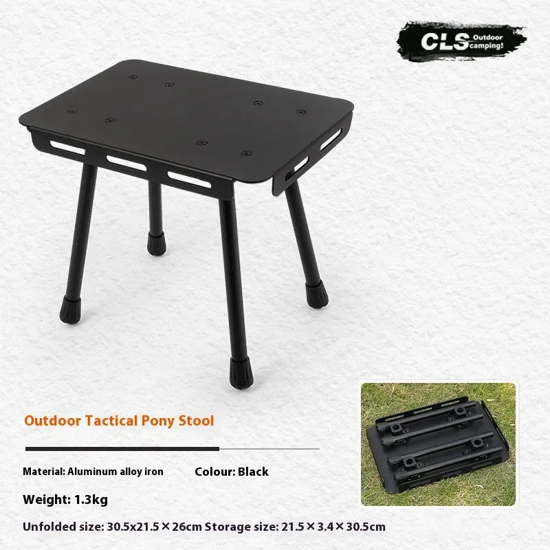 CLS aluminium folding camping stool with PU mat cushion, shown converted into a small side table.