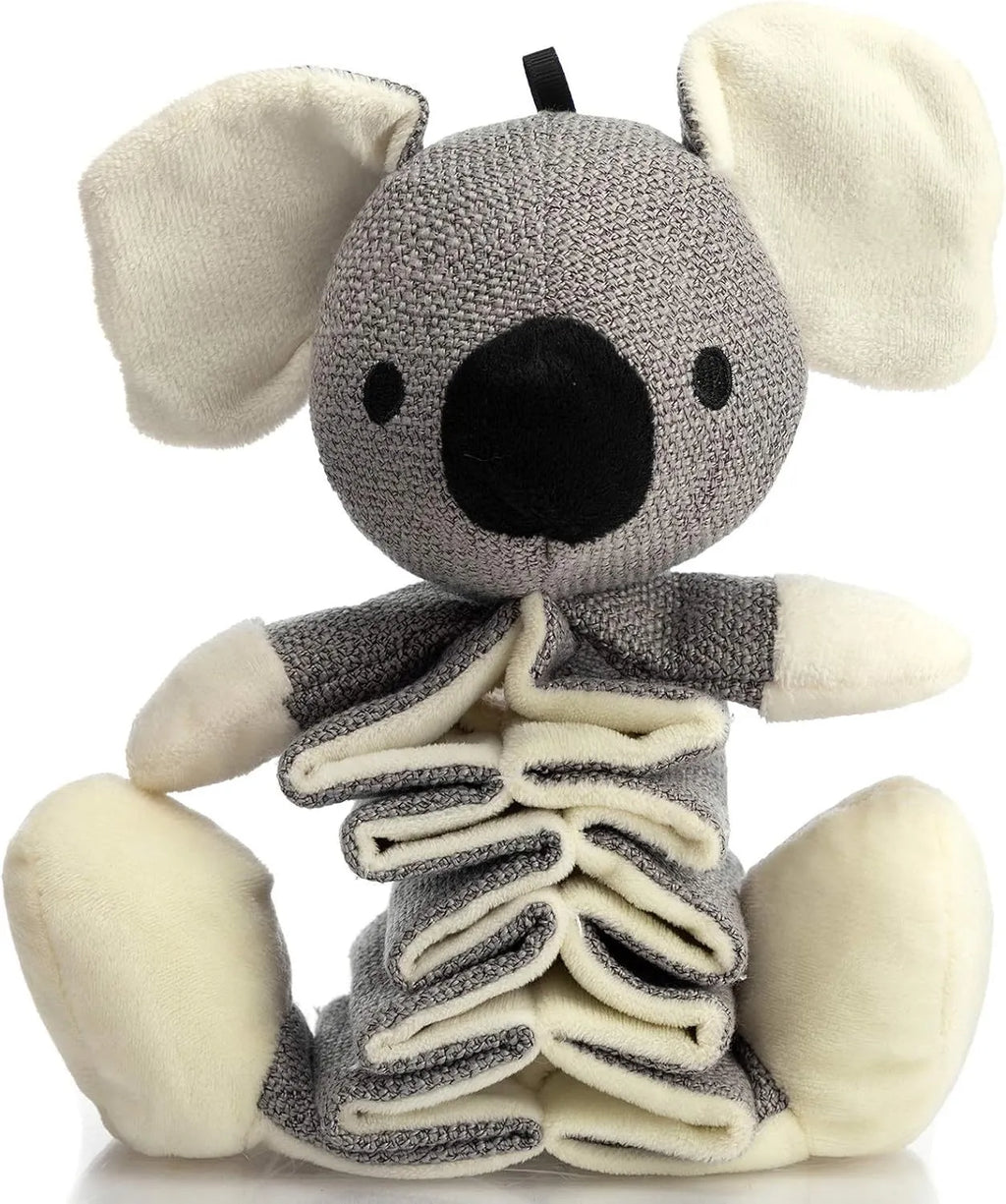 Grey koala dog toy with squeaky and crinkle paper sounds, measuring 30cm long