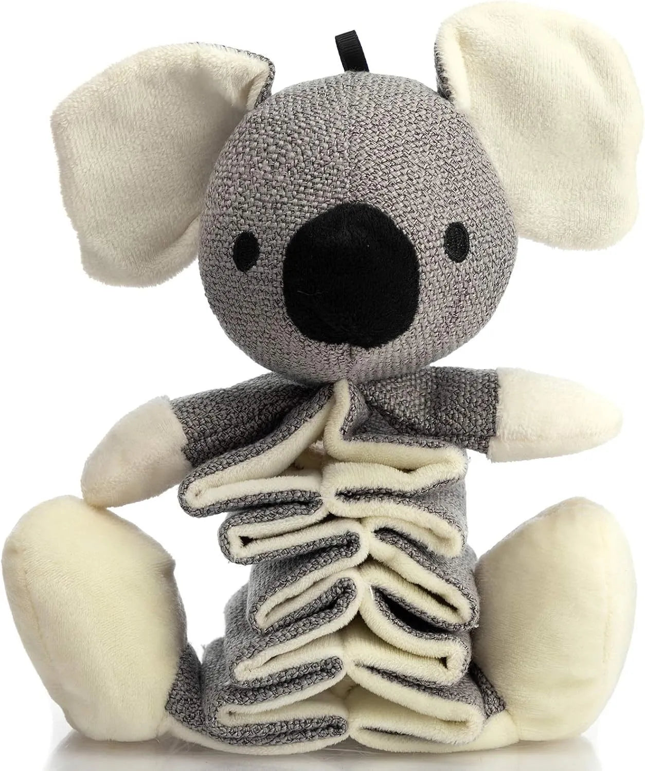 Grey koala dog toy with squeaky and crinkle paper sounds, measuring 30cm long