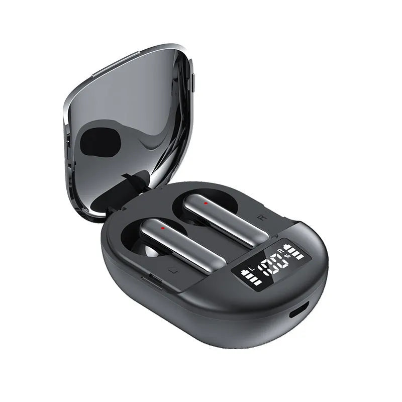 Black and white wireless Bluetooth in-ear headset with charging case showing digital display screen