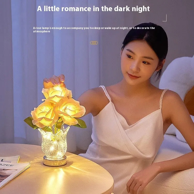 Modern Crystal Flowers rechargeable touch-control dimmable bedside table lamp with USB cable.