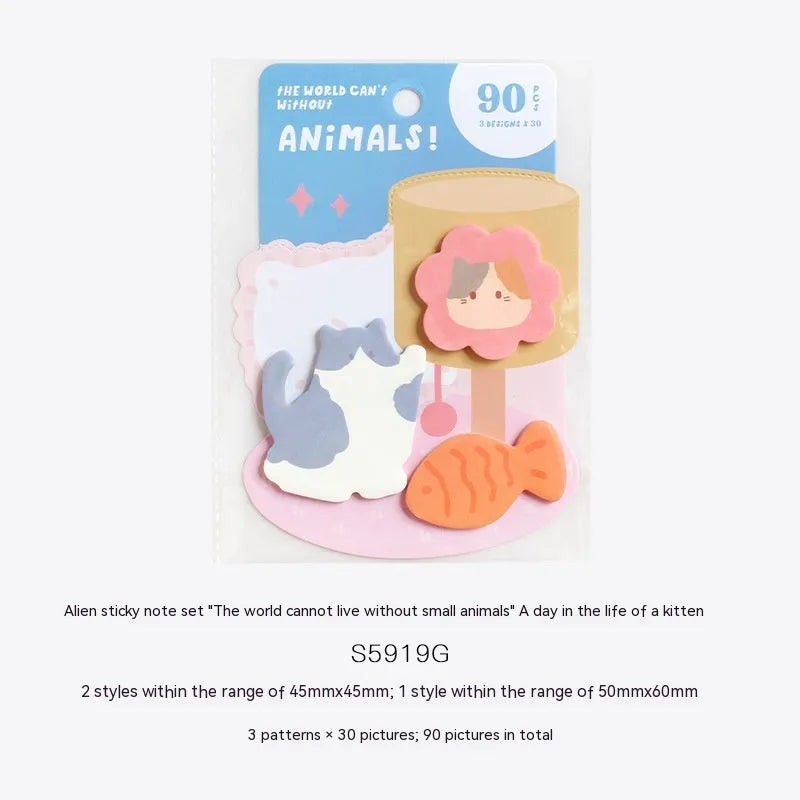 Animal-shaped sticky note set with 90 pages showing six different animal-themed designs