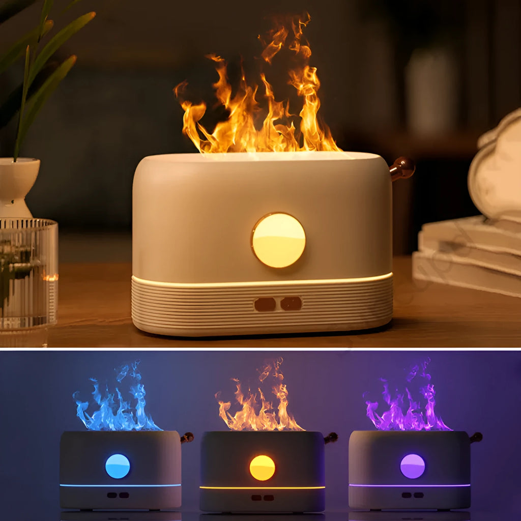 Black USB-powered humidifier with simulated orange flame effect and mist on a wooden desk.