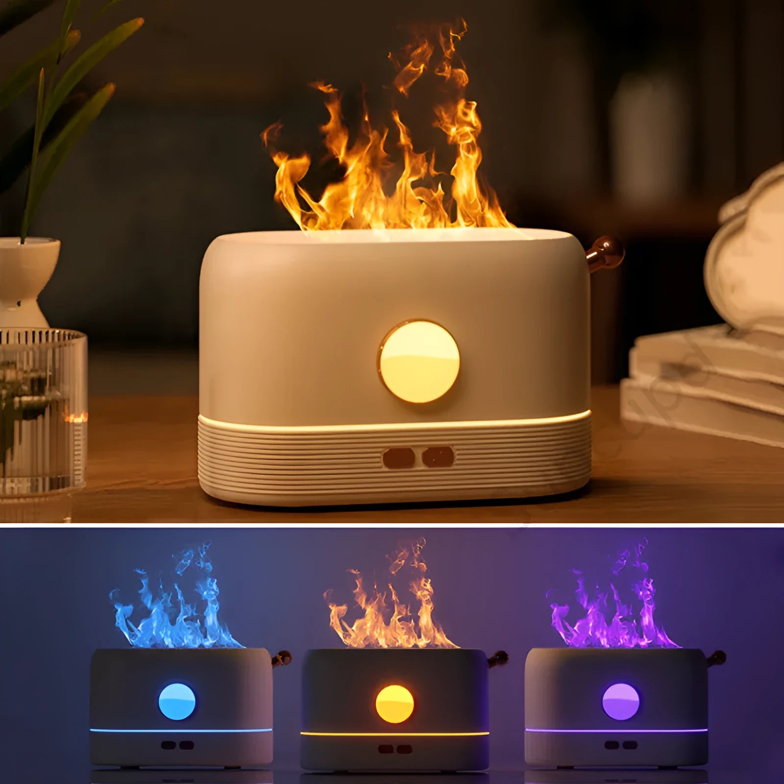 Black USB-powered humidifier with simulated orange flame effect and mist on a wooden desk.