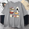 Mens loose-fit short-sleeve T-shirt with a cute cartoon cat sushi design, shown in various colours.