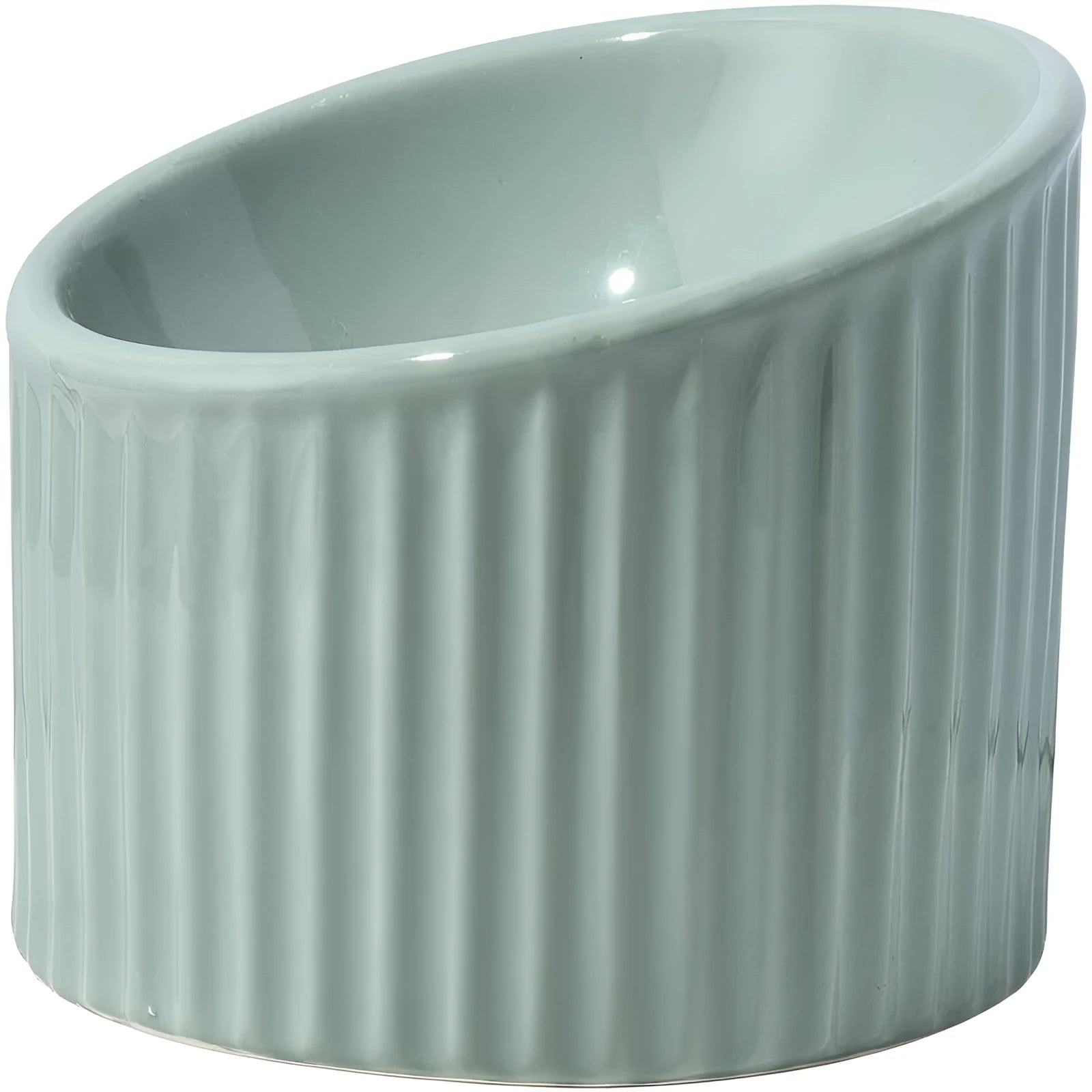 Elevated ceramic cat bowl in green colour showing raised, tilted design for food or water.