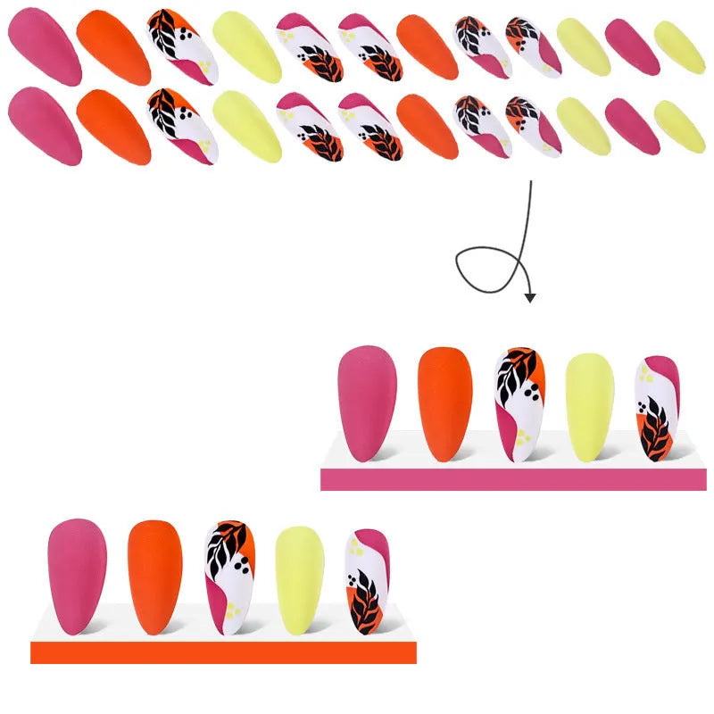 Four boxes of medium almond shaped frosted nail stickers with colourful tulip patterns including French leaves and leopard print designs