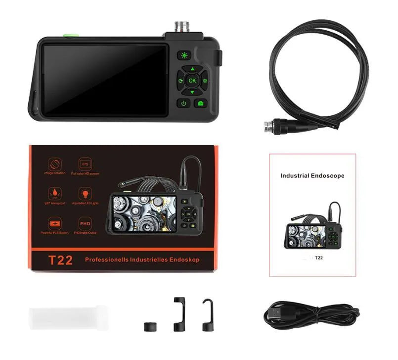 Handheld industrial endoscope with 4.5-inch colour screen and flexible inspection cable for automotive diagnostics