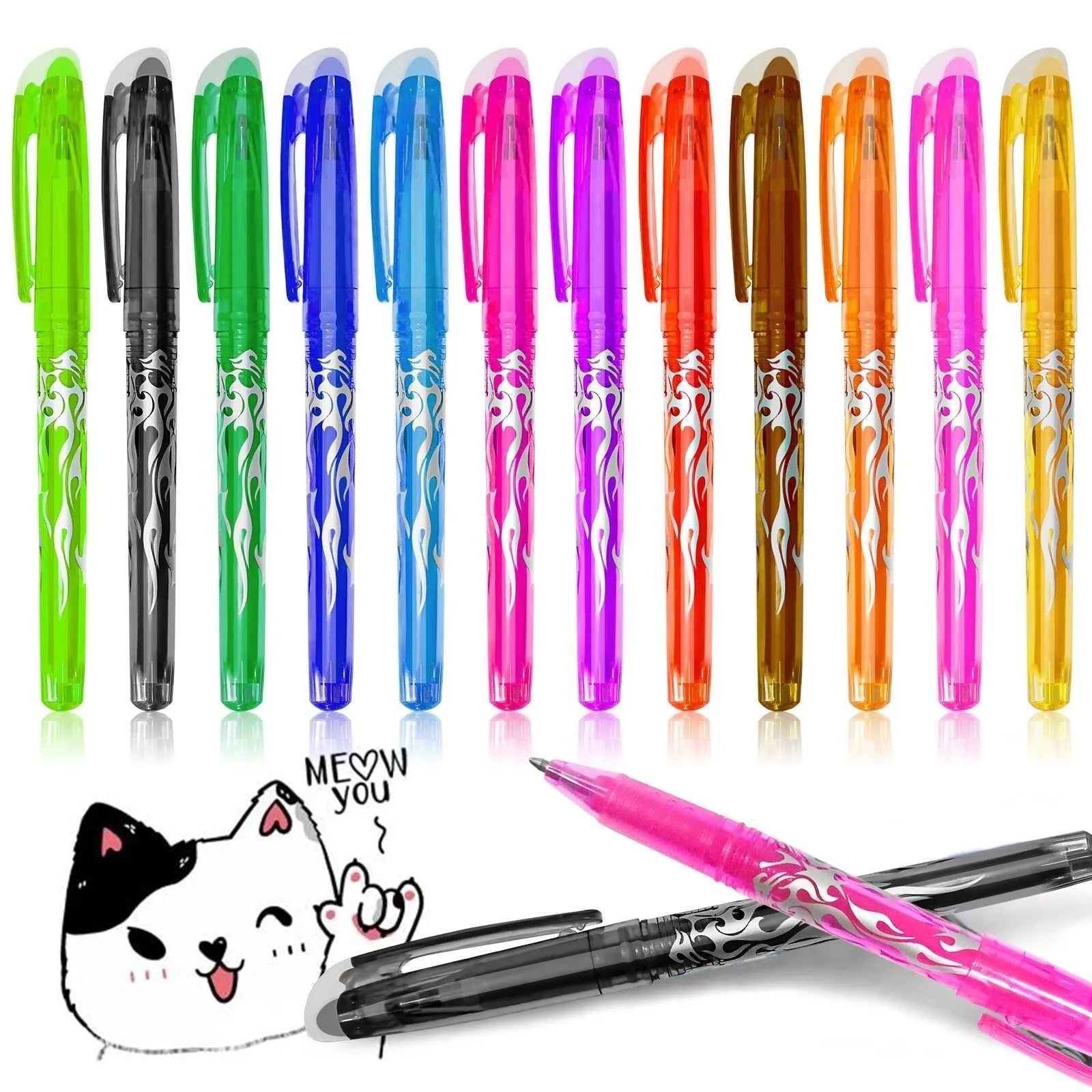 Pack of heat-erasable gel pens with plastic bodies and stainless steel nibs, showing multiple colour options.