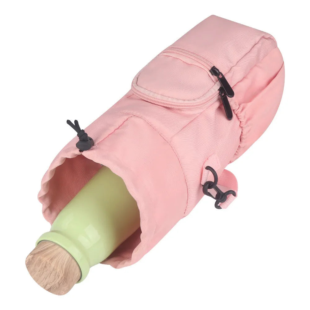 Canvas water bottle pouch with crossbody strap in black, green or pink colours