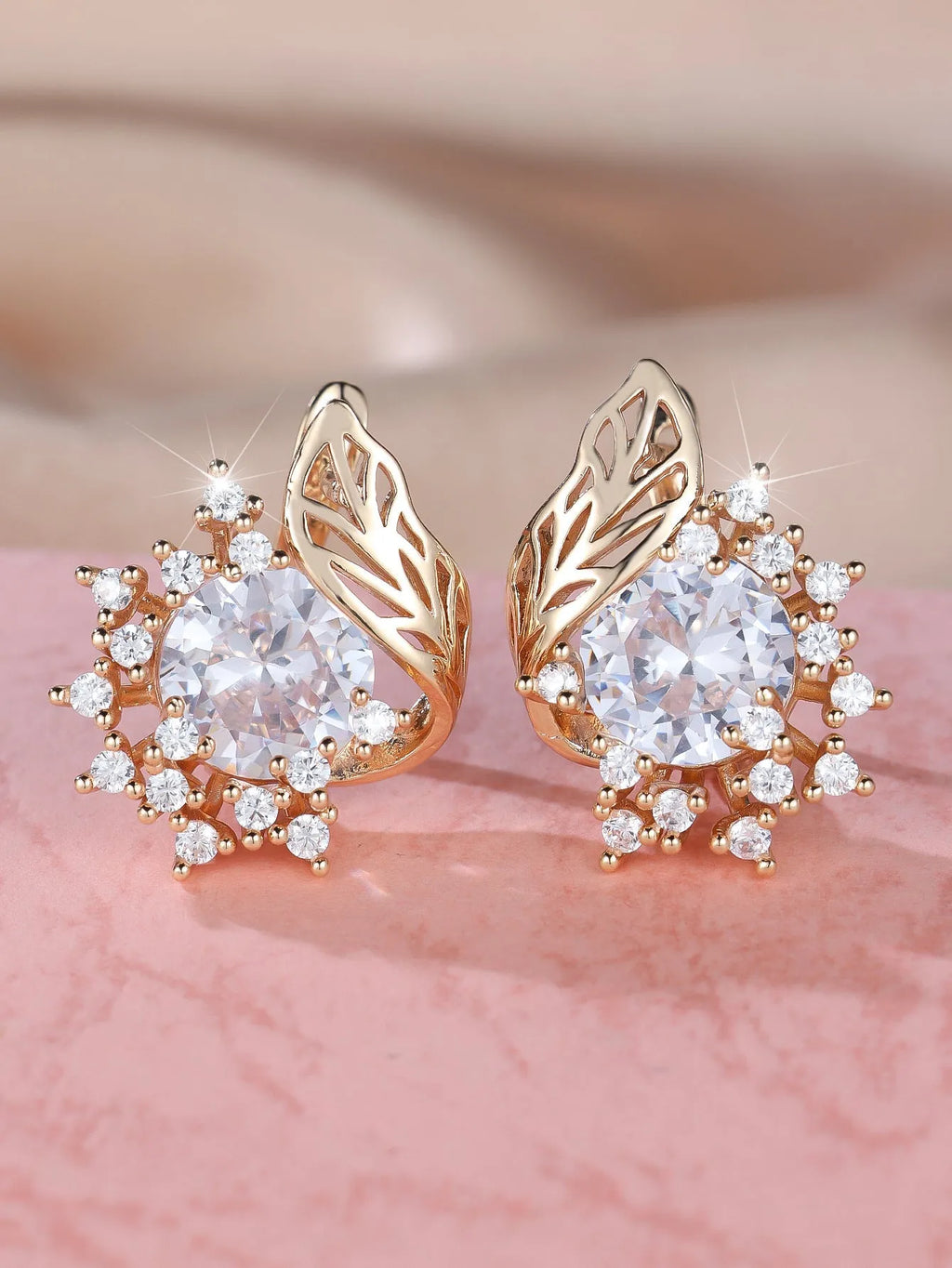 Round flower feather zircon earrings with champagne gold electroplated finish and six gemstone colour options