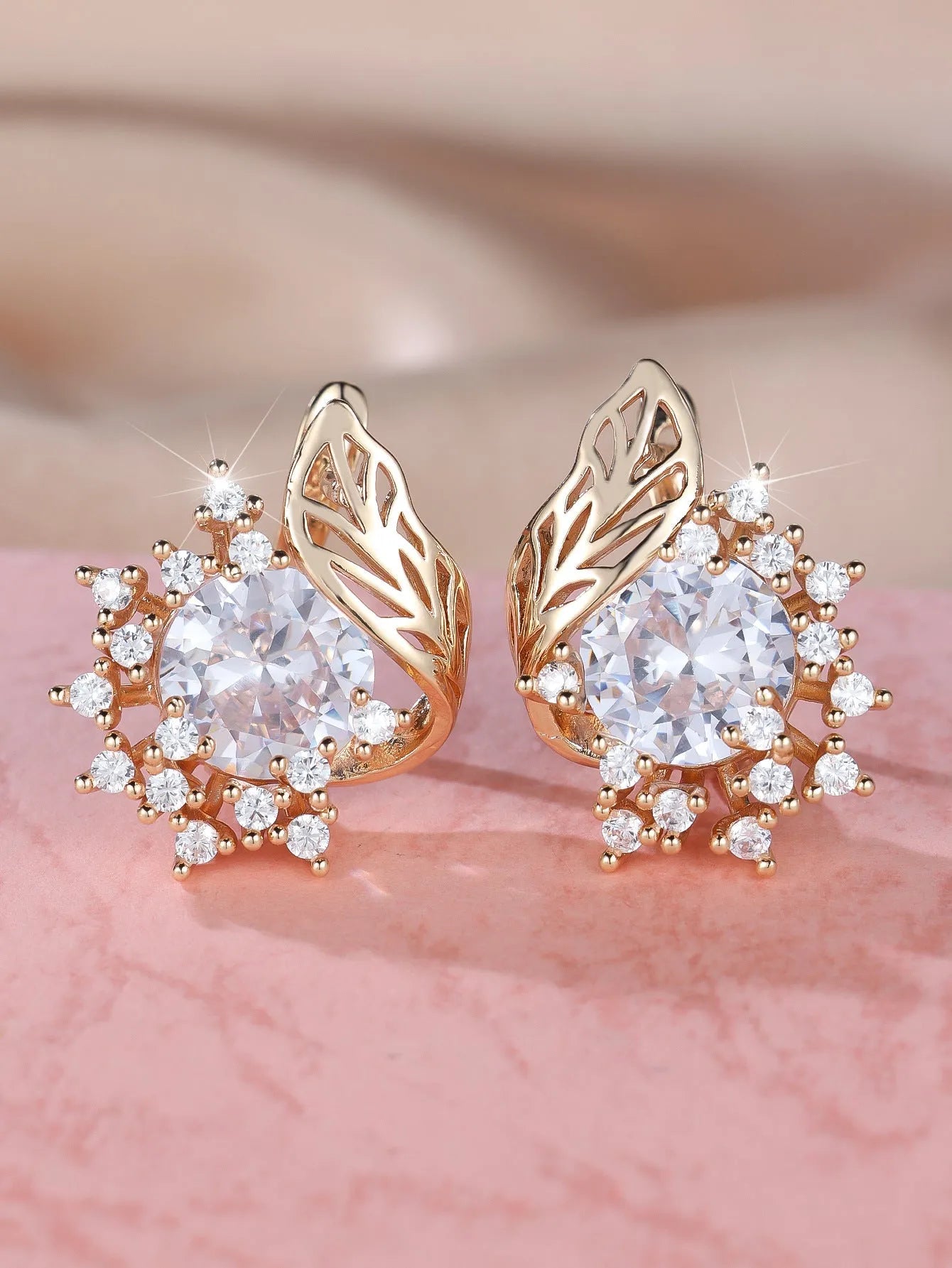 Round flower feather zircon earrings with champagne gold electroplated finish and six gemstone colour options