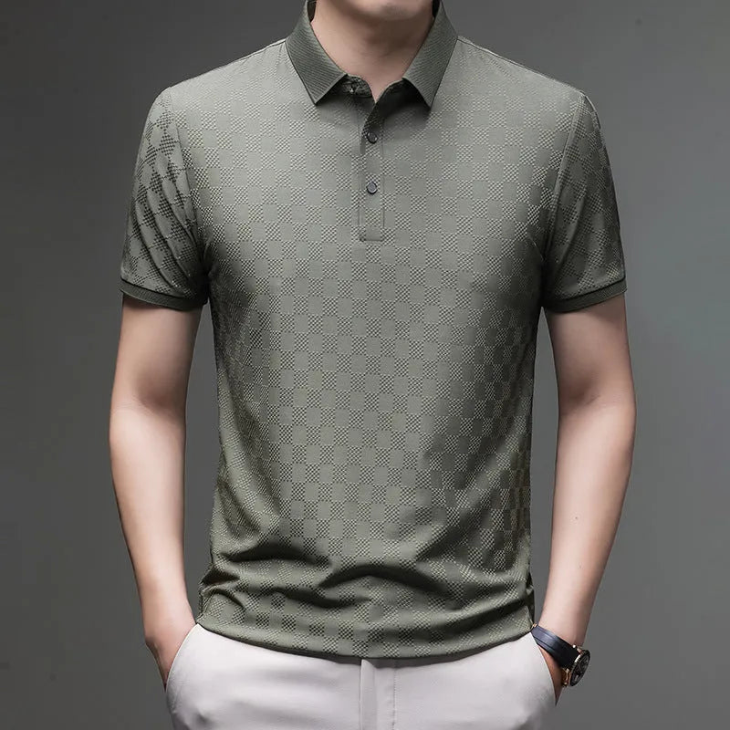 Rhombus thin ice silk short sleeve t-shirt in black showing slit detail on a hanger.