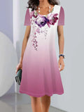 Women's ice silk floral print A-line summer dress with short sleeves and round neck.