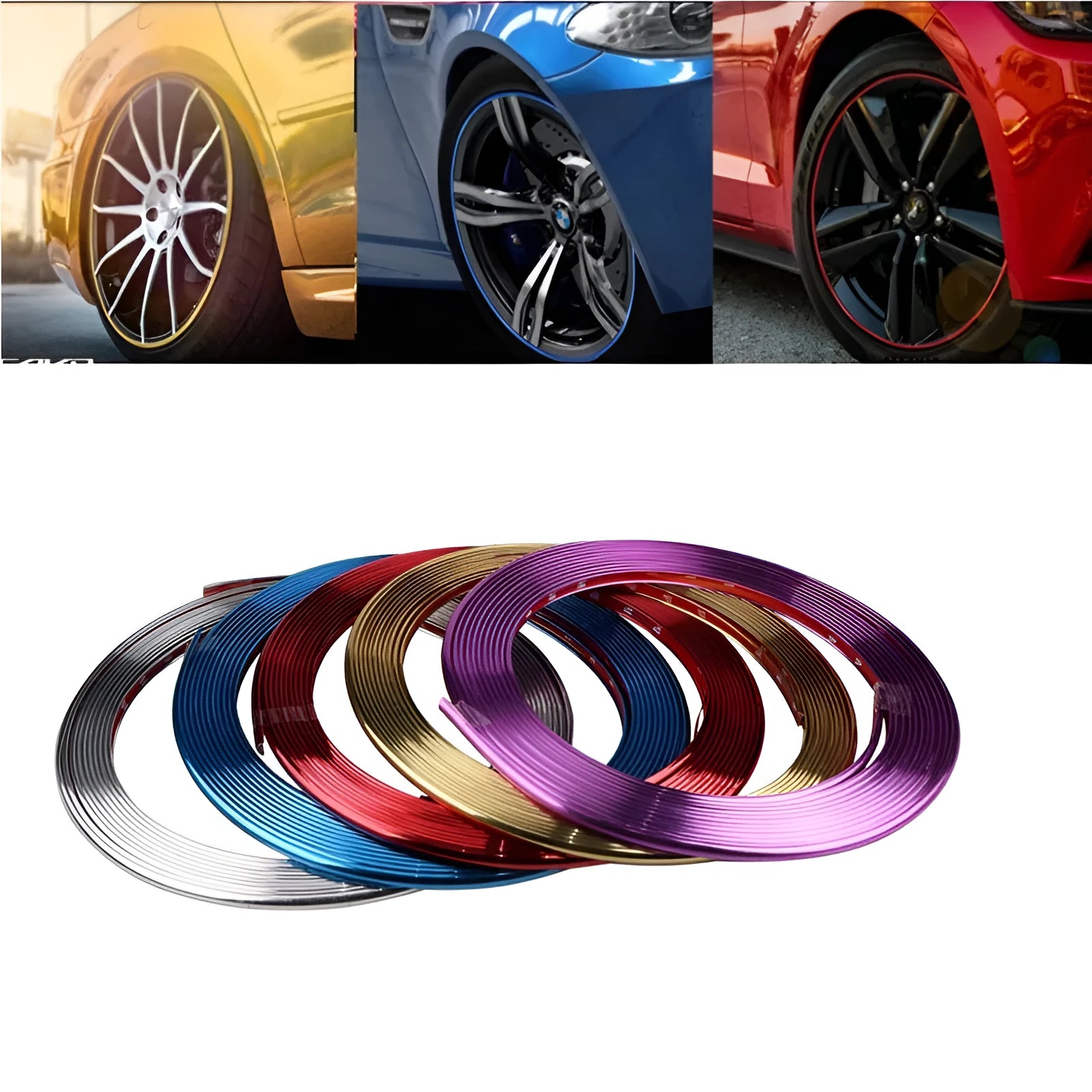 Roll of electroplated purple PVC wheel hub trim and a separate anti-collision strip on a white background.