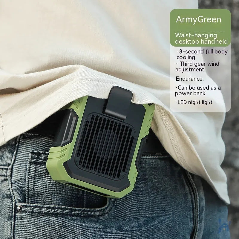 Green wrist hanging fan with light and USB port, shown with adjustable strap.