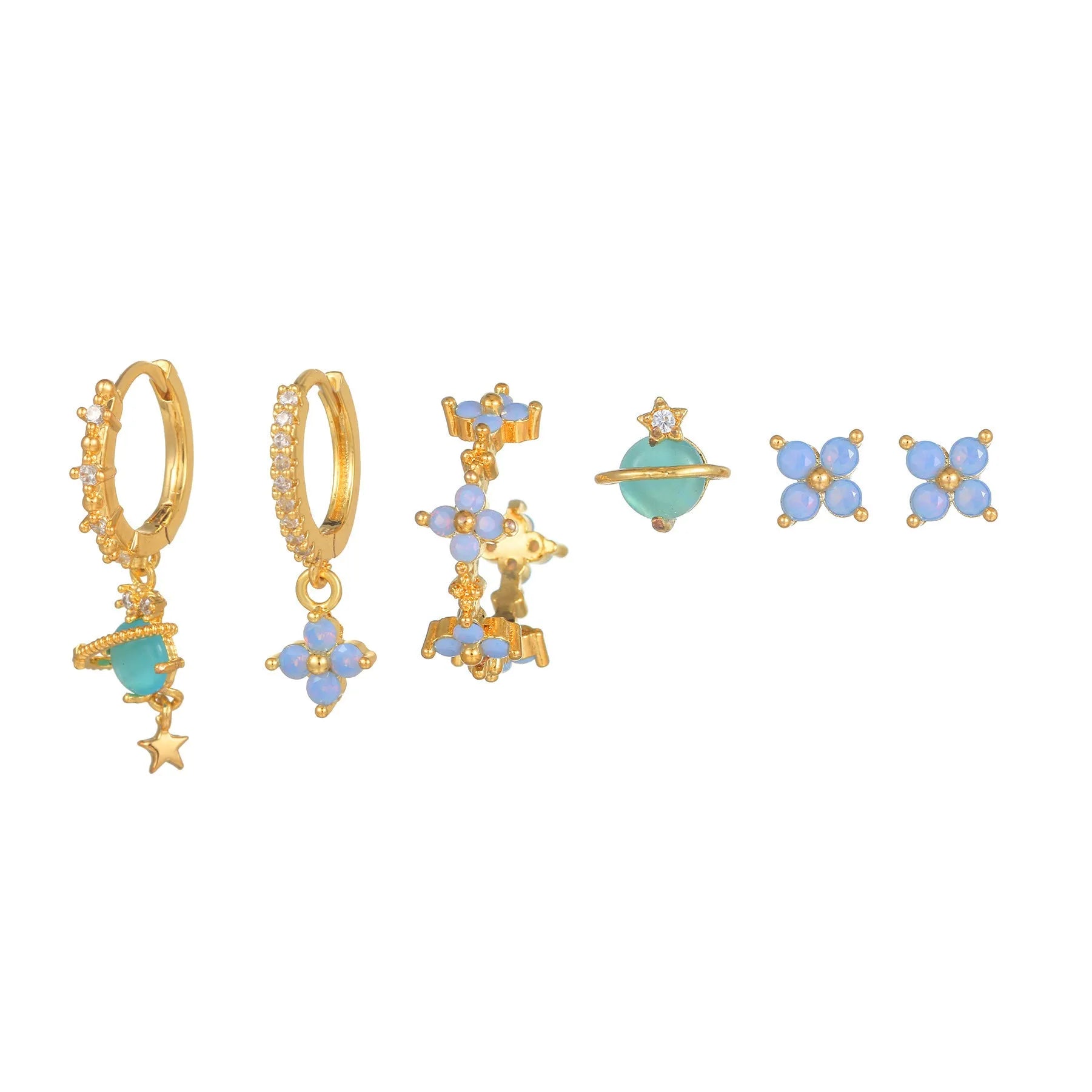 Flower-shaped ear studs with protein nail and zircon mosaic details in gold or silver Japanese Korean style
