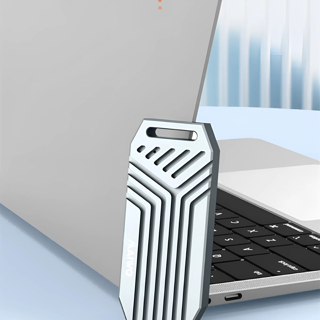 Silver and grey aluminium Thunderbolt 4 M.2 NVMe SSD external enclosures, one with a cooling fan.