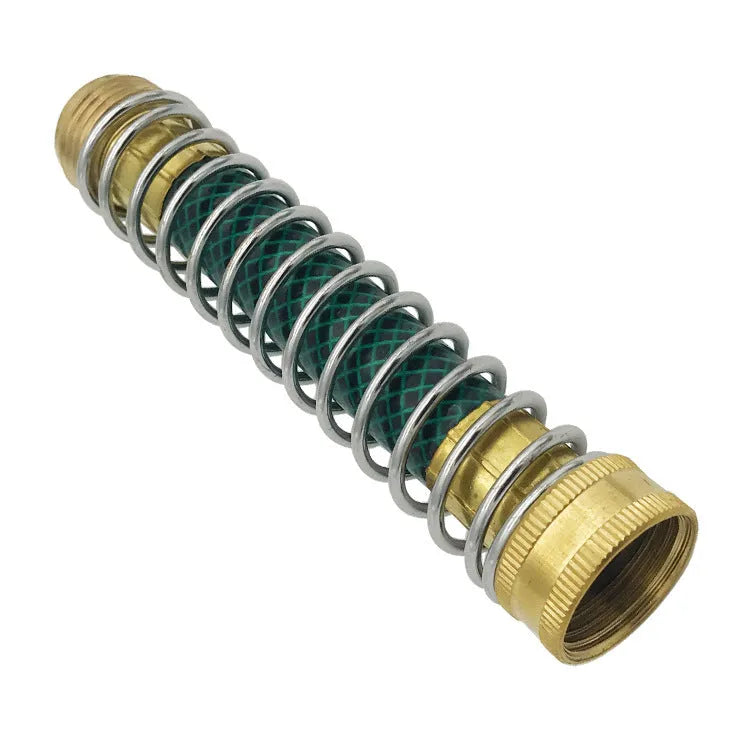 Garden hose spring connector with brass threaded joints and spiral spring mechanism