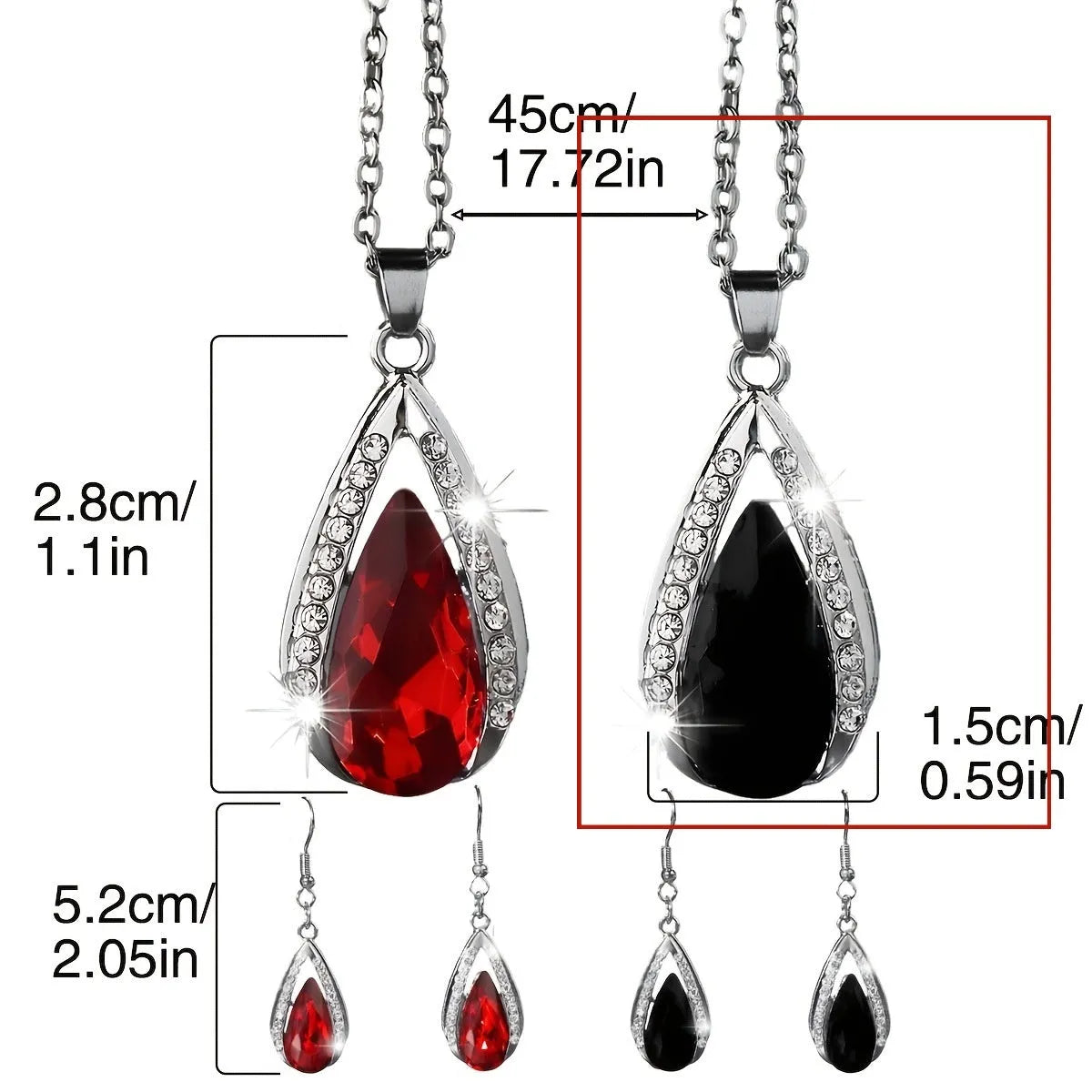 Black and red teardrop glass pendant necklace and matching earrings set