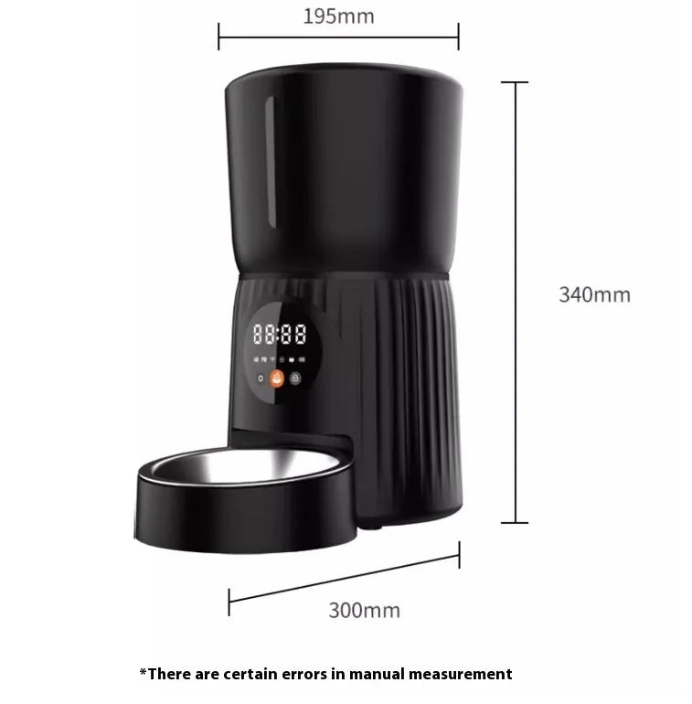 Black automatic pet feeder with digital display and food storage compartment
