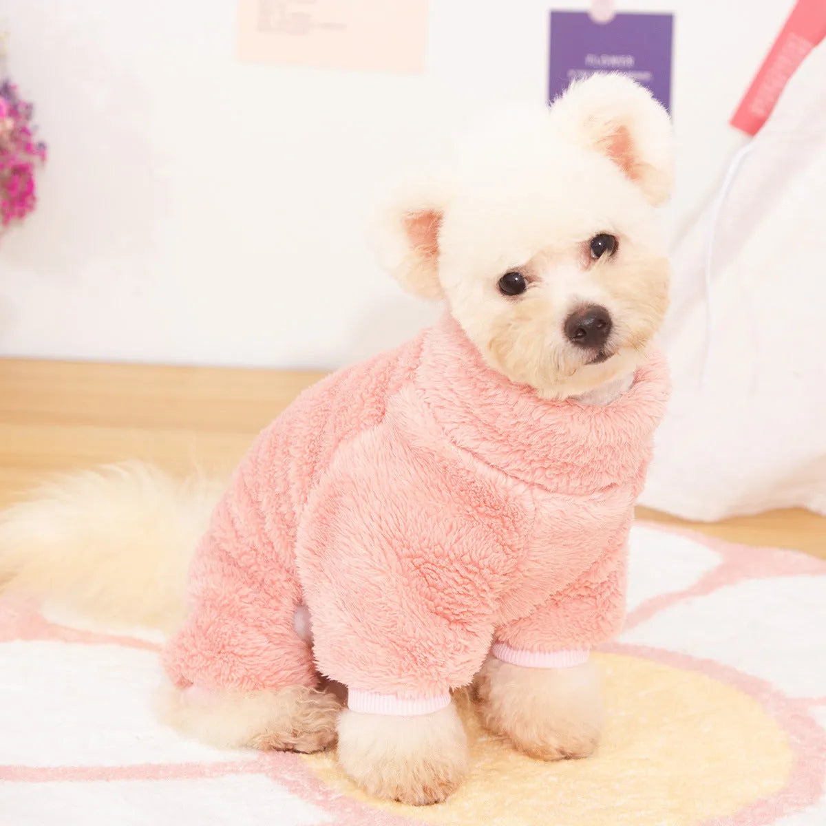 Four-legged thick plush dog clothes with high collar and towing ring in blue colour